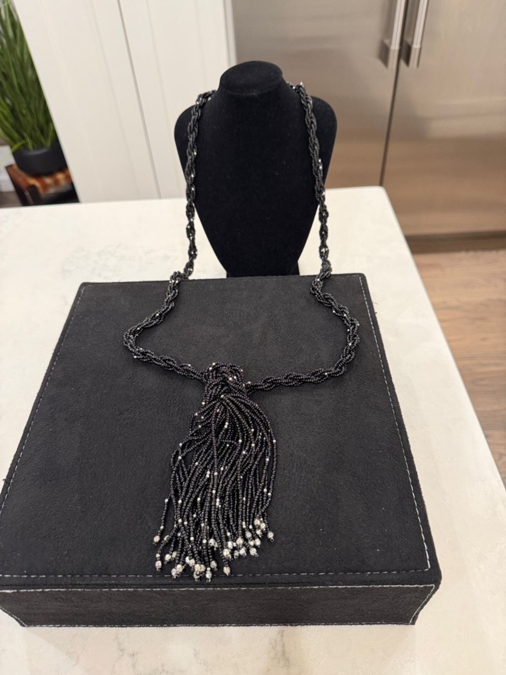 Chico's Black Braided Beaded Tassel Necklace